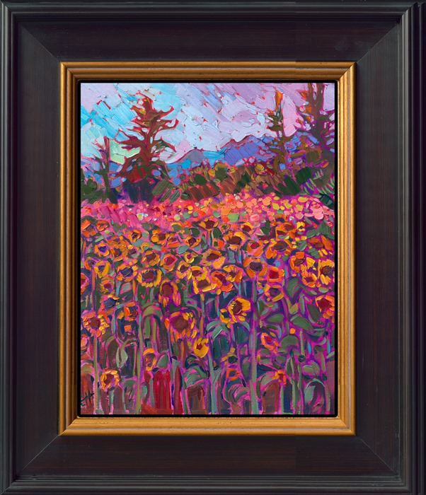 A field of sunflowers catches the warm light of dusk in this petite oil painting of Oregon's idyllic landscape. The brushstrokes are loose and expressive, conveying a sense of movement within the piece.</p><p>"Flowers at Dusk" is an original oil painting on linen board. The piece arrives framed in a black and gold plein air frame.