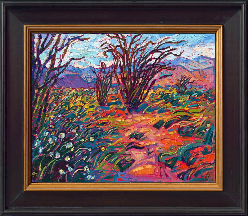 This petite painting captures the wide expanse of color seen in Anza-Borrego State Park during a super bloom. Pink, yellow, and white flowers flood the desert floor with bright specks of color, while the long arms of the ocotillo sway overhead.</p><p>"Flowing Ocotillo" is an original oil painting created on linen board. The painting arrives in a black and gold plein air frame, ready to hang.