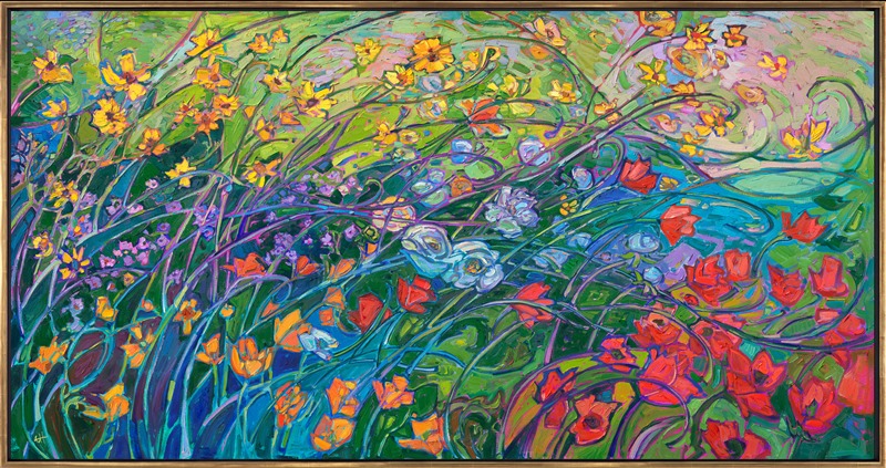 Soft petals of brilliant color dance among the long grasses of springtime. This painting captures the beautiful yellows, reds, and purples of Texas hill country in the spring. Each brush stroke is thickly applied, with lively, expressive movement, in the mosaic-like style of Open Impressionism.</p><p>"Flowing Spring" is an original oil painting on stretched canvas. The piece arrives in a floater frame finished in burnished 23kt gold leaf.