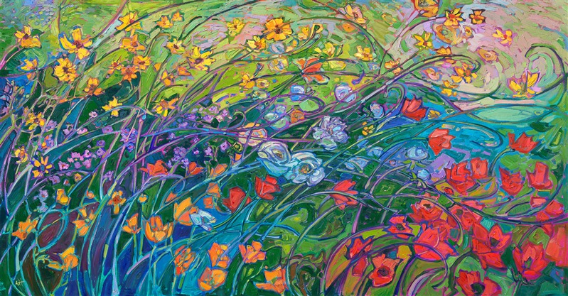 Soft petals of brilliant color dance among the long grasses of springtime. This painting captures the beautiful yellows, reds, and purples of Texas hill country in the spring. Each brush stroke is thickly applied, with lively, expressive movement, in the mosaic-like style of Open Impressionism.</p><p>"Flowing Spring" is an original oil painting on stretched canvas. The piece arrives in a floater frame finished in burnished 23kt gold leaf.