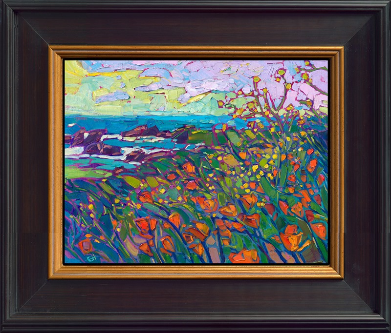 A flurry of orange poppies provides a pop of color along California's Highway 1. The loose, expressive brush strokes in this petite painting capture the colors of nature and the fresh feeling of being outdoors.</p><p>"Flurry of Poppies" is an original oil painting on linen board. The piece arrives framed in black and gold plein air frame, ready to hang.