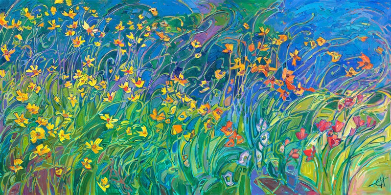 A flurry of yellow wildflowers appear as bright sparks of color against the rich hues of green and ultramarine. The wild poppies give an additional pop of orange and red among the long, impressionistic brush strokes.</p><p>"Flurry of Wildflowers" is an original oil painting created on gallery-depth canvas. The piece arrives framed in a custom-made gold floater frame finished in 23kt gold leaf.