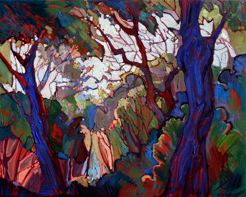 From deep in the oak trees of central California, the inspiration for this painting was born. The depth and texture is created with a mosaic technique of laying impasto brush strokes side-by-side, alla prima.