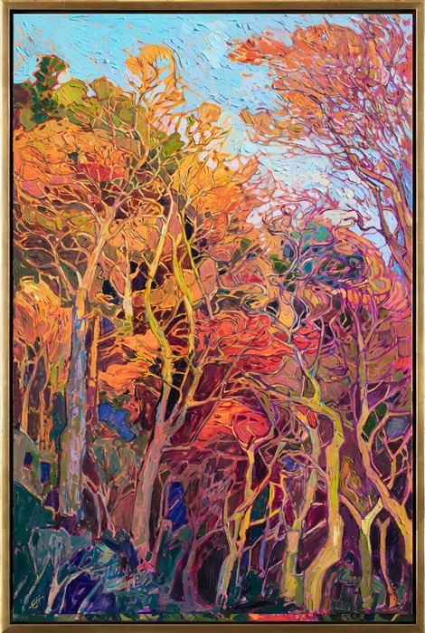 This painting was inspired by my recent trip to Kyoto, Japan. The steep hillsides in Arashiyama Park are covered with glorious fall-colored trees. When you hike up the steep switchback trail to the top of the mountain, there is a monkey park where you can see all the way across Kyoto to the distant mountains beyond. Japan is home to some truly beautiful landscapes.</p><p>"Forest Light" was created on 1-1/2" canvas, with the painting continued around the edges. The brush strokes are thick and impressionistic, capturing the movement of the trees. The painting arrives framed in a 23kt gold floater frame.</p><p><a href="https://www.erinhanson.com/Testimonials" target="_blank">Read feedback</a> from Erin Hanson's collectors.