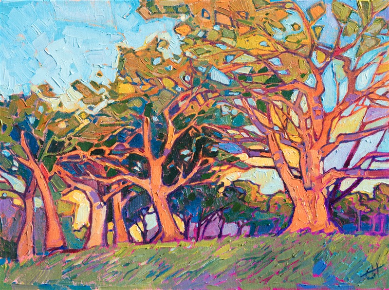 Brilliantly-colored afternoon light sparkles through the branches of these summer oak trees, their branches creating patterns in the fractured light. The brush strokes are thick and impressionistic, alive with color and life.</p><p>This piece was created on 1/8" canvas board, and it arrives framed and ready to hang.