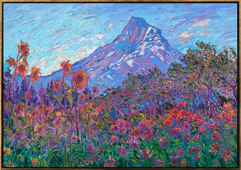 Oregon's Fruit Loop is a popular loop road at the base of Mt. Hood. The lavender farms, vineyards, and fruit orchards provide beautiful color year-round. This painting captures a summer view of the Fruit Loop, painted in vibrant color and thick, expressive strokes of oil paint.</p><p>"Fruit Loop" is an original oil painting on stretched canvas. The piece arrives framed in a 23kt gold floater frame, ready to hang.