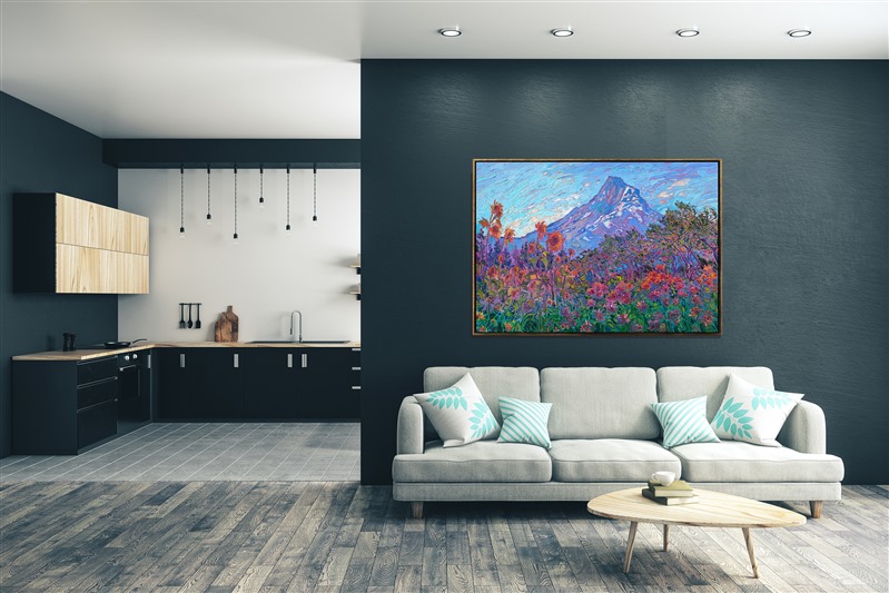 Oregon's Fruit Loop is a popular loop road at the base of Mt. Hood. The lavender farms, vineyards, and fruit orchards provide beautiful color year-round. This painting captures a summer view of the Fruit Loop, painted in vibrant color and thick, expressive strokes of oil paint.</p><p>"Fruit Loop" is an original oil painting on stretched canvas. The piece arrives framed in a 23kt gold floater frame, ready to hang.