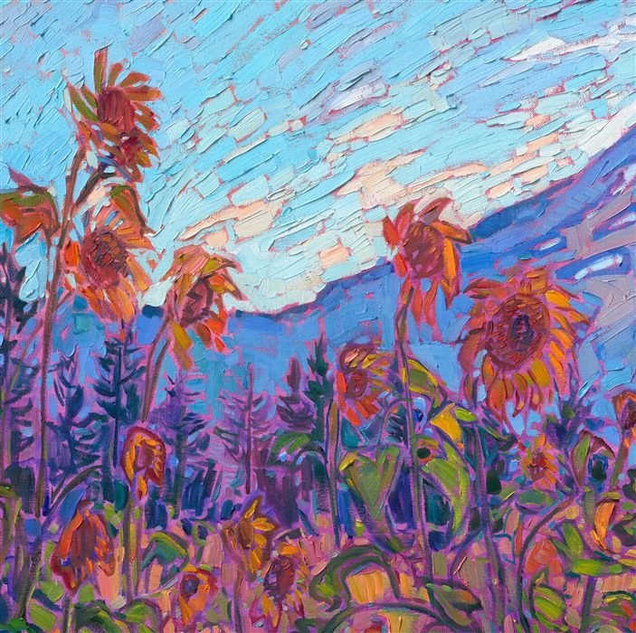 Oregon's Fruit Loop is a popular loop road at the base of Mt. Hood. The lavender farms, vineyards, and fruit orchards provide beautiful color year-round. This painting captures a summer view of the Fruit Loop, painted in vibrant color and thick, expressive strokes of oil paint.</p><p>"Fruit Loop" is an original oil painting on stretched canvas. The piece arrives framed in a 23kt gold floater frame, ready to hang.