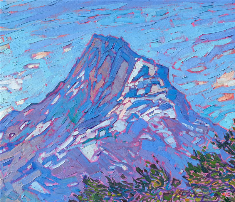 Oregon's Fruit Loop is a popular loop road at the base of Mt. Hood. The lavender farms, vineyards, and fruit orchards provide beautiful color year-round. This painting captures a summer view of the Fruit Loop, painted in vibrant color and thick, expressive strokes of oil paint.</p><p>"Fruit Loop" is an original oil painting on stretched canvas. The piece arrives framed in a 23kt gold floater frame, ready to hang.