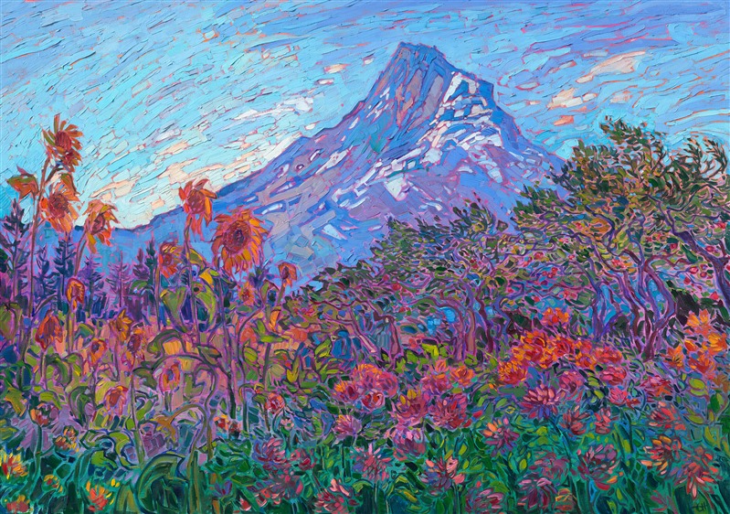 Oregon's Fruit Loop is a popular loop road at the base of Mt. Hood. The lavender farms, vineyards, and fruit orchards provide beautiful color year-round. This painting captures a summer view of the Fruit Loop, painted in vibrant color and thick, expressive strokes of oil paint.</p><p>"Fruit Loop" is an original oil painting on stretched canvas. The piece arrives framed in a 23kt gold floater frame, ready to hang.