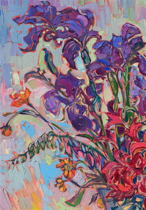 A pair of vases hold the bounty of an Oregon garden in springtime -- purple irises, red and orange rhododendron, and white dogwood blooms. The loose, impressionistic brushstrokes capture the beautiful light and color of spring.</p><p>These irises, awash in purples, oranges, and yellows, practically jump off the canvas in Hanson's newest painting. Each bloom seems to vibrate with energy, as though ready to burst into the world and unleash its untamed beauty. The interplay of light and shadow is masterful, casting the flowers in a warm, radiant glow that makes them all the more alluring.<br/>﻿<br/>With her signature impasto technique, Erin Hanson brings each freshly plucked bloom to the forefront. The texture of the brush strokes gives the flowers a three-dimensional feel that transports you straight into the garden. You can almost feel the petals between your fingers and smell the sweet fragrance. This painting is not just a depiction of flowers, it's a masterpiece that captures the essence of nature and beauty. Knowing that the irises were freshly plucked from the artist's garden only adds to the allure and charm of the artwork. It's a true work of art that belongs in any nature lover's collection.</p><p>"Garden Blooms" is an original oil painting on stretched canvas. The piece arrives framed in a gold floating frame.