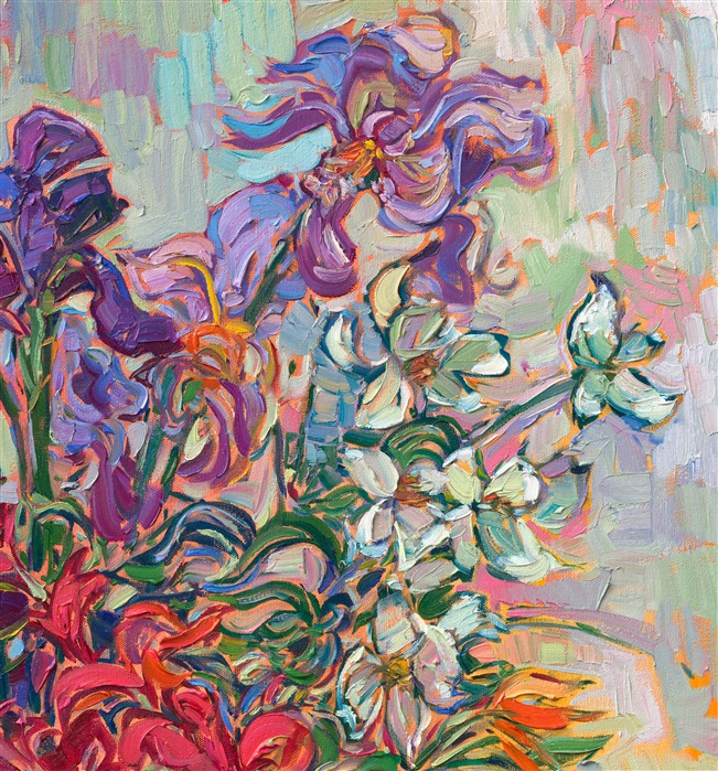 A pair of vases hold the bounty of an Oregon garden in springtime -- purple irises, red and orange rhododendron, and white dogwood blooms. The loose, impressionistic brushstrokes capture the beautiful light and color of spring.</p><p>These irises, awash in purples, oranges, and yellows, practically jump off the canvas in Hanson's newest painting. Each bloom seems to vibrate with energy, as though ready to burst into the world and unleash its untamed beauty. The interplay of light and shadow is masterful, casting the flowers in a warm, radiant glow that makes them all the more alluring.<br/>﻿<br/>With her signature impasto technique, Erin Hanson brings each freshly plucked bloom to the forefront. The texture of the brush strokes gives the flowers a three-dimensional feel that transports you straight into the garden. You can almost feel the petals between your fingers and smell the sweet fragrance. This painting is not just a depiction of flowers, it's a masterpiece that captures the essence of nature and beauty. Knowing that the irises were freshly plucked from the artist's garden only adds to the allure and charm of the artwork. It's a true work of art that belongs in any nature lover's collection.</p><p>"Garden Blooms" is an original oil painting on stretched canvas. The piece arrives framed in a gold floating frame.