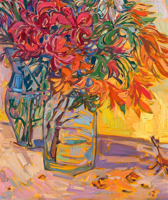 A pair of vases hold the bounty of an Oregon garden in springtime -- purple irises, red and orange rhododendron, and white dogwood blooms. The loose, impressionistic brushstrokes capture the beautiful light and color of spring.</p><p>These irises, awash in purples, oranges, and yellows, practically jump off the canvas in Hanson's newest painting. Each bloom seems to vibrate with energy, as though ready to burst into the world and unleash its untamed beauty. The interplay of light and shadow is masterful, casting the flowers in a warm, radiant glow that makes them all the more alluring.<br/>﻿<br/>With her signature impasto technique, Erin Hanson brings each freshly plucked bloom to the forefront. The texture of the brush strokes gives the flowers a three-dimensional feel that transports you straight into the garden. You can almost feel the petals between your fingers and smell the sweet fragrance. This painting is not just a depiction of flowers, it's a masterpiece that captures the essence of nature and beauty. Knowing that the irises were freshly plucked from the artist's garden only adds to the allure and charm of the artwork. It's a true work of art that belongs in any nature lover's collection.</p><p>"Garden Blooms" is an original oil painting on stretched canvas. The piece arrives framed in a gold floating frame.