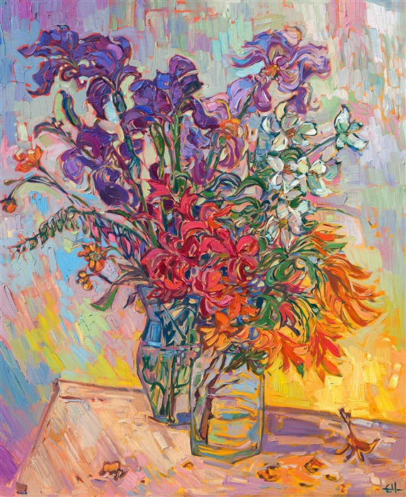 A pair of vases hold the bounty of an Oregon garden in springtime -- purple irises, red and orange rhododendron, and white dogwood blooms. The loose, impressionistic brushstrokes capture the beautiful light and color of spring.</p><p>These irises, awash in purples, oranges, and yellows, practically jump off the canvas in Hanson's newest painting. Each bloom seems to vibrate with energy, as though ready to burst into the world and unleash its untamed beauty. The interplay of light and shadow is masterful, casting the flowers in a warm, radiant glow that makes them all the more alluring.<br/>﻿<br/>With her signature impasto technique, Erin Hanson brings each freshly plucked bloom to the forefront. The texture of the brush strokes gives the flowers a three-dimensional feel that transports you straight into the garden. You can almost feel the petals between your fingers and smell the sweet fragrance. This painting is not just a depiction of flowers, it's a masterpiece that captures the essence of nature and beauty. Knowing that the irises were freshly plucked from the artist's garden only adds to the allure and charm of the artwork. It's a true work of art that belongs in any nature lover's collection.</p><p>"Garden Blooms" is an original oil painting on stretched canvas. The piece arrives framed in a gold floating frame.