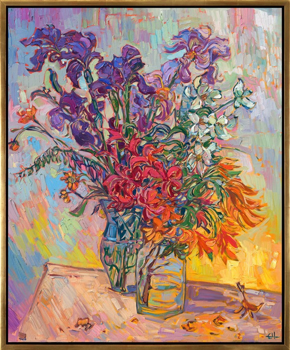 A pair of vases hold the bounty of an Oregon garden in springtime -- purple irises, red and orange rhododendron, and white dogwood blooms. The loose, impressionistic brushstrokes capture the beautiful light and color of spring.</p><p>These irises, awash in purples, oranges, and yellows, practically jump off the canvas in Hanson's newest painting. Each bloom seems to vibrate with energy, as though ready to burst into the world and unleash its untamed beauty. The interplay of light and shadow is masterful, casting the flowers in a warm, radiant glow that makes them all the more alluring.<br/>﻿<br/>With her signature impasto technique, Erin Hanson brings each freshly plucked bloom to the forefront. The texture of the brush strokes gives the flowers a three-dimensional feel that transports you straight into the garden. You can almost feel the petals between your fingers and smell the sweet fragrance. This painting is not just a depiction of flowers, it's a masterpiece that captures the essence of nature and beauty. Knowing that the irises were freshly plucked from the artist's garden only adds to the allure and charm of the artwork. It's a true work of art that belongs in any nature lover's collection.</p><p>"Garden Blooms" is an original oil painting on stretched canvas. The piece arrives framed in a gold floating frame.