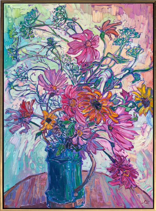 A tin can full of garden blooms brightens the room with the colors of summer. Zinneas, cosmos, sunflowers, and parsley flowers dance in a rhythm of color, captured with the textured brush strokes of Hanson's iconic Open Impressionism.</p><p>"Garden Blooms II" is an original oil painting created on stretched canvas. The piece arrives framed in a custom-made wooden floater frame finished in burnshed 23kt gold and dark pebbled sides.