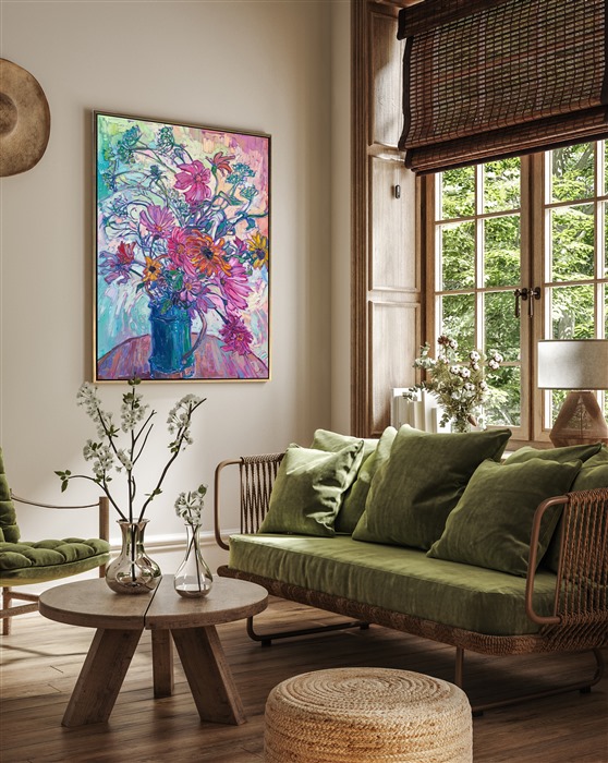 A tin can full of garden blooms brightens the room with the colors of summer. Zinneas, cosmos, sunflowers, and parsley flowers dance in a rhythm of color, captured with the textured brush strokes of Hanson's iconic Open Impressionism.</p><p>"Garden Blooms II" is an original oil painting created on stretched canvas. The piece arrives framed in a custom-made wooden floater frame finished in burnshed 23kt gold and dark pebbled sides.