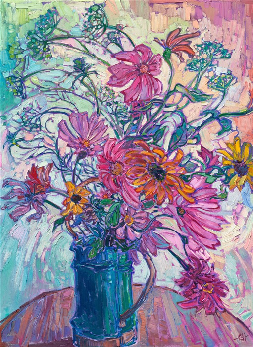 A tin can full of garden blooms brightens the room with the colors of summer. Zinneas, cosmos, sunflowers, and parsley flowers dance in a rhythm of color, captured with the textured brush strokes of Hanson's iconic Open Impressionism.</p><p>"Garden Blooms II" is an original oil painting created on stretched canvas. The piece arrives framed in a custom-made wooden floater frame finished in burnshed 23kt gold and dark pebbled sides.