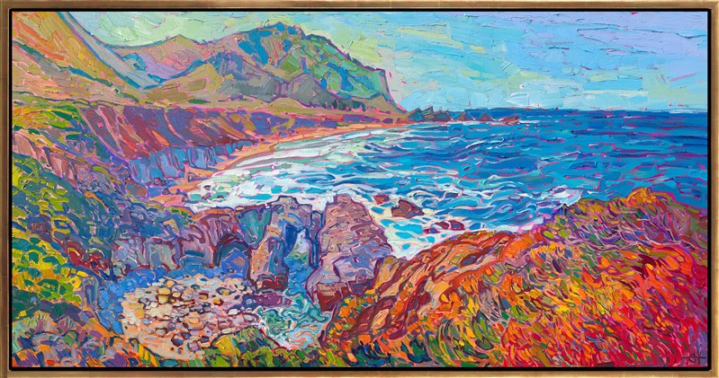 This painting of Garrapata Beach captures the beautiful coastal landscape of California. Garrapata Beach is located about halfway between Point Lobos (Carmel) and Big Sur. The hillsides are alive with bright green, baby grass, a beautiful contrast to the rich reds and oranges of the coastal ice plant. Erin Hanson paints in thick, expressive brush strokes that capture the movement and vivacity of the landscape.</p><p>"Garrapata Beach" is an original oil painting for sale, painted on gallery-depth stretched canvas. The piece arrives framed in a contemporary gold floater frame, ready to hang.