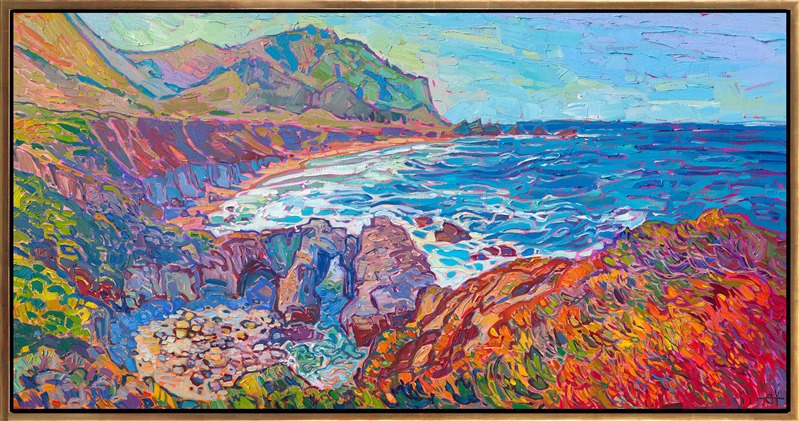 This painting of Garrapata Beach captures the beautiful coastal landscape of California. Garrapata Beach is located about halfway between Point Lobos (Carmel) and Big Sur. The hillsides are alive with bright green, baby grass, a beautiful contrast to the rich reds and oranges of the coastal ice plant. Erin Hanson paints in thick, expressive brush strokes that capture the movement and vivacity of the landscape.</p><p>"Garrapata Beach" is an original oil painting for sale, painted on gallery-depth stretched canvas. The piece arrives framed in a contemporary gold floater frame, ready to hang.