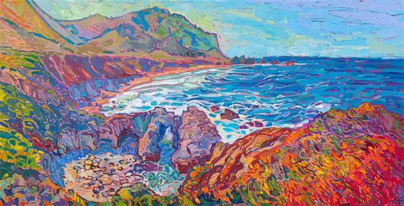 This painting of Garrapata Beach captures the beautiful coastal landscape of California. Garrapata Beach is located about halfway between Point Lobos (Carmel) and Big Sur. The hillsides are alive with bright green, baby grass, a beautiful contrast to the rich reds and oranges of the coastal ice plant. Erin Hanson paints in thick, expressive brush strokes that capture the movement and vivacity of the landscape.</p><p>"Garrapata Beach" is an original oil painting for sale, painted on gallery-depth stretched canvas. The piece arrives framed in a contemporary gold floater frame, ready to hang.