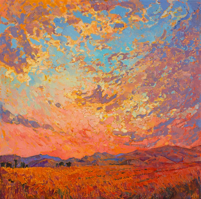 A warm burst of color and motion, this painting brings to life the contemplative moment of dawn, when everything is still, and one's attention is completely fixed on the swiftly changing skyscape.