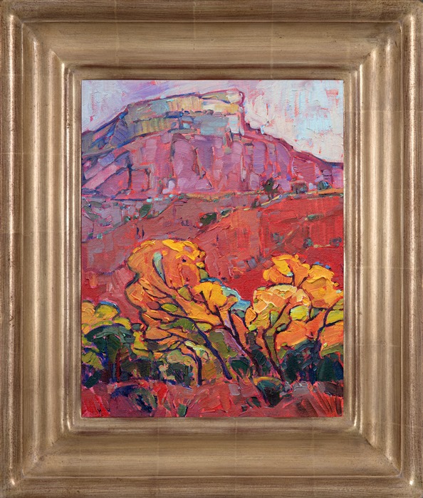 Ghost Ranch is an amazing place to visit; it is like seeing Georgia O'Keeffe's paintings come alive in three dimensions.  This is a painting inspired by a visit to her compound in New Mexico. The cottonwood trees were turning brilliant shades of yellow and gold, a beautiful contrast against the red desert cliffs.</p><p>This painting was done on 1/8" canvas, and it arrives framed and ready to hang.