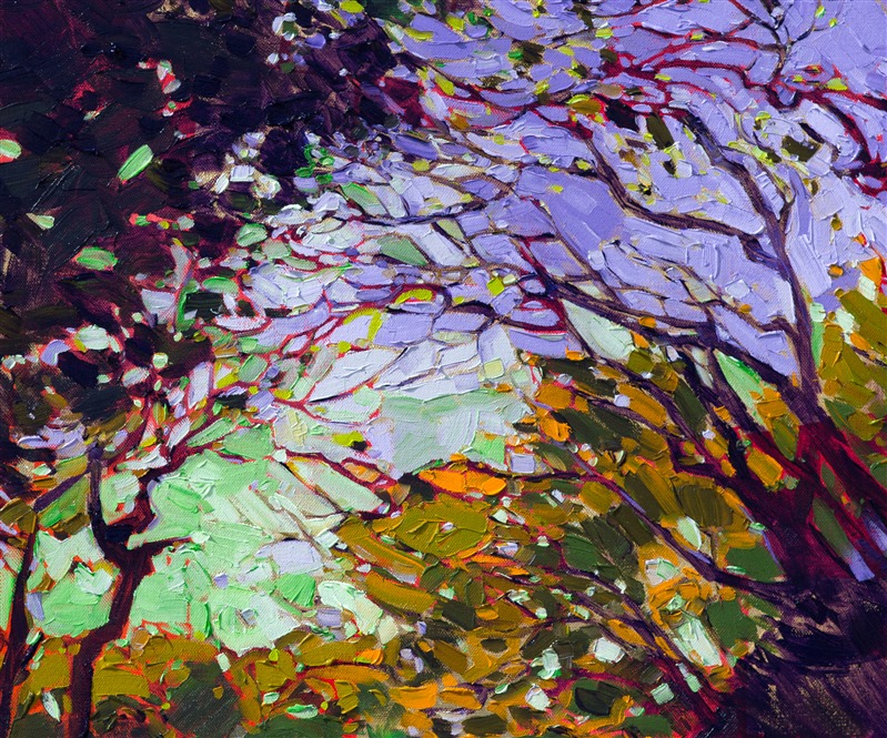 Lush brush strokes and vivid color capture the beauty of changing light filtering through oak trees, in this modern impressionist painting.  The stained glass effect is highlighted by glints of genuine, 24kt gold leaf behind the paint strokes.  The gold leaf catches and reflects the light, giving a beautiful gleam to the painting.</p><p>This painting has been framed in an Open Impressionist frame. These frames are one-of-a-kind, hand carved in the US and hand gilded with 23kt gold leaf. The clay beneath the gold leaf is colored to complement the underpainting color in this oil painting.</p><p>The Open Impressionsist frame is a beautiful blend of classic American impressionist frames and contemporary "floater frames," just as Hanson's style is a unique blend of the classic and contemporary. The frame is designed to stand away from the edge of the canvas, leaving a 1/4" gap around the painting, which allows you to experience every brush stroke on the canvas. This "open" style of framing gives the painting room to expand and fill the eye, without losing any of the vivid color or delicate motion of the brush strokes.</p><p>A photograph of "Gilded Arbor" in its frame will be available soon.