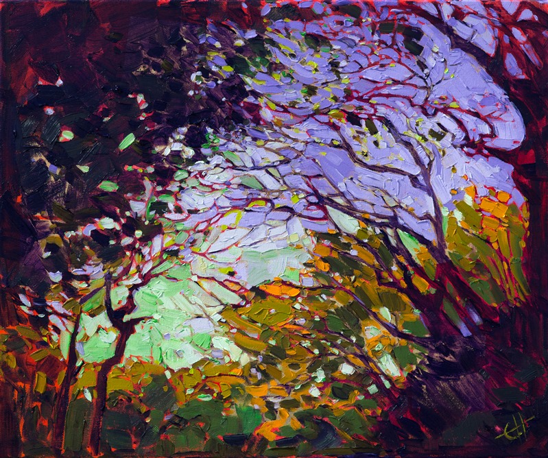 Lush brush strokes and vivid color capture the beauty of changing light filtering through oak trees, in this modern impressionist painting.  The stained glass effect is highlighted by glints of genuine, 24kt gold leaf behind the paint strokes.  The gold leaf catches and reflects the light, giving a beautiful gleam to the painting.</p><p>This painting has been framed in an Open Impressionist frame. These frames are one-of-a-kind, hand carved in the US and hand gilded with 23kt gold leaf. The clay beneath the gold leaf is colored to complement the underpainting color in this oil painting.</p><p>The Open Impressionsist frame is a beautiful blend of classic American impressionist frames and contemporary "floater frames," just as Hanson's style is a unique blend of the classic and contemporary. The frame is designed to stand away from the edge of the canvas, leaving a 1/4" gap around the painting, which allows you to experience every brush stroke on the canvas. This "open" style of framing gives the painting room to expand and fill the eye, without losing any of the vivid color or delicate motion of the brush strokes.</p><p>A photograph of "Gilded Arbor" in its frame will be available soon.