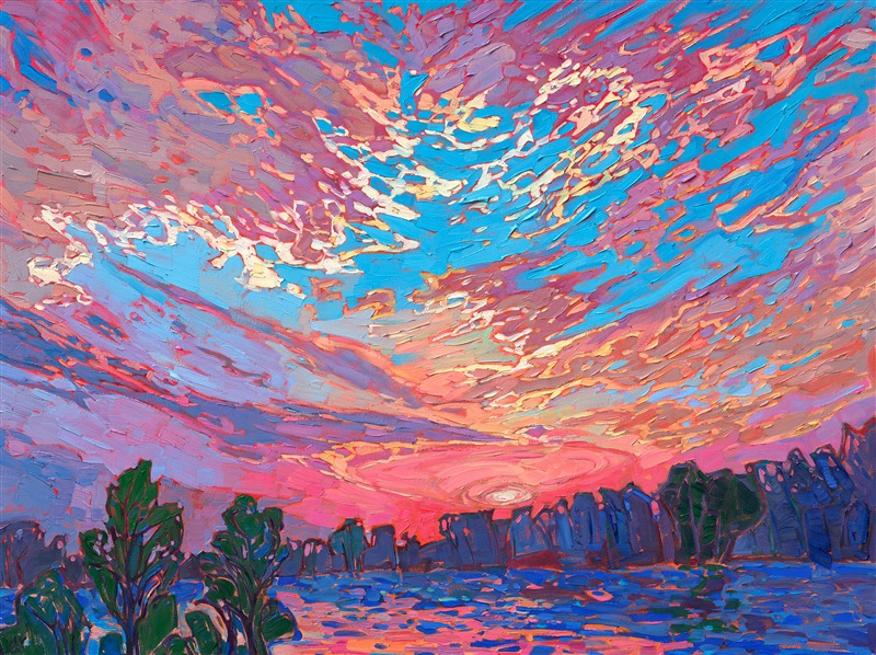 A brilliant sunset bursts across this Northwestern sky, lighting up the rippling waters below, while the trees in the foreground darken as dusk approaches. The impasto brush strokes are thick and impressionistic, alive with color and movement.</p><p>"Gilded Clouds" was created on 1-1/2" canvas, with the painting continued around the edges. The piece arrives framed in a contemporary gold floater frame.