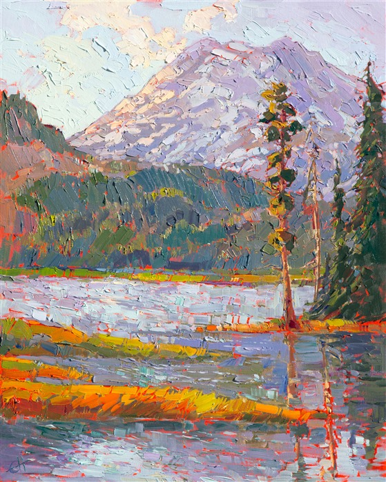 Delicate morning light graces these National Forest peaks in the Oregon Cascades.  The high elevation preserves the snow-capped peaks late into summer.  This painting was created over 24 karat gold leaf, so that there are gold glints peeking between the brush strokes, giving the painting an added allure.</p><p>Like all the <a href="https://www.erinhanson.com/Portfolio?col=24_Karat_Collection">24 Karat Collection</a> paintings, this piece was painted on 3/4" canvas and arrives framed in a classic gilded frame, ready to hang.  Please <a href"https://www.erinhanson.com/Contact"> contact the artist</a> for more pictures and video of the finished piece.  </p><p>Exhibited: St George Art Museum, Utah, in a solo exhibition celebrating the National Park's centennial: <i><a href="https://www.erinhanson.com/Event/ErinHansonMuseumShow2016" target="_blank">Erin Hanson's Painted Parks</a></i>, 2016.