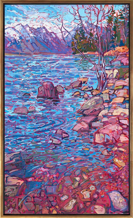 At the southern entrance of Glacier National Park, in Montana, you drive along an expansive, boulder-studded lake. The distant glacial peaks gleam blue and white in the distance. This impressionist oil painting captures the vista with impasto paint strokes and vivid colors.</p><p>"Glacier Peaks" is an original oil painting on 1-1/2" stretched canvas. The painting arrives framed in a gold floater frame, ready to hang.