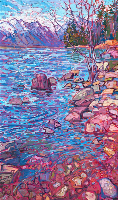 At the southern entrance of Glacier National Park, in Montana, you drive along an expansive, boulder-studded lake. The distant glacial peaks gleam blue and white in the distance. This impressionist oil painting captures the vista with impasto paint strokes and vivid colors.</p><p>"Glacier Peaks" is an original oil painting on 1-1/2" stretched canvas. The painting arrives framed in a gold floater frame, ready to hang.