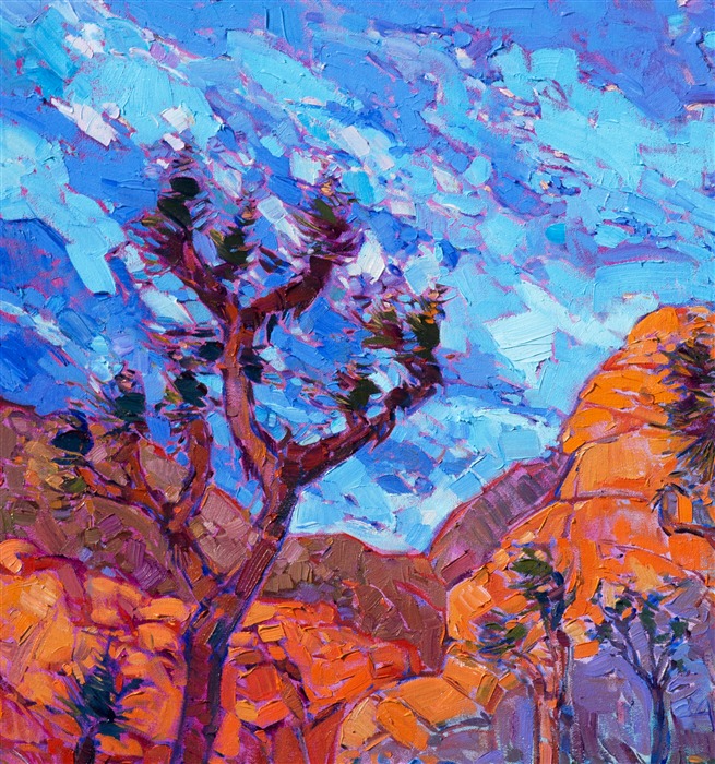 The warm desert light of southern California crests over these rounded granite boulders of Joshua Tree National Park.  No matter how many times one visits this park, each dawn is always a brand new revelation of color and striking contrasts of form.  This painting captures the vivid and surreal nature of this beautiful landscape.</p><p>This painting was done on 1-1/2-deep canvas, with the painting continued around the edges. The piece has been framed in a gold floater frame.</p><p>Exhibited <a href="https://www.erinhanson.com/Event/ErinHansonTheOrangeShow"><i>The Orange Show</i></a>, The Erin Hanson Gallery, Los Angeles, CA. 2016.
