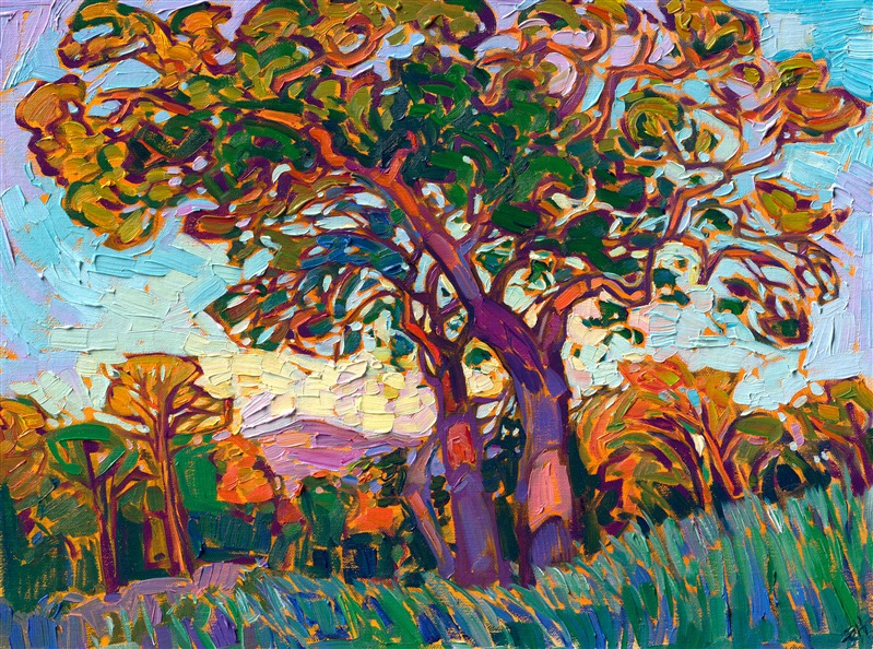 A gnarled oak stands among the tall grasses, its twisted branches catching the warm red rays of sunset. The impressionistic brush strokes are loose and expressive, adding texture and movement to the piece.</p><p>"Gnarled Oak" was created on 1/8" linen board, and it arrives in a plein air frame, ready to hang.