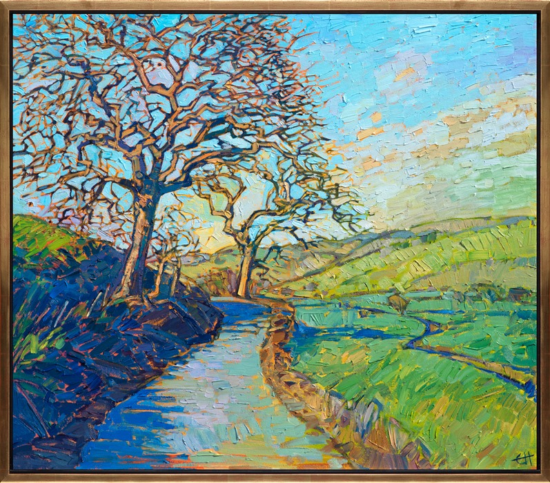 This winding road leads you through the grassy hillsides of Paso Robles, California wine country.  In the early spring the hills are covered in crispy frost early in the morning, and then as dawn thaws the ground, the landscape turns from silver-gray to apple green. This painting captures such a morning with loose, expressive brush strokes.</p><p>This oil painting was created on 1-1/2" canvas, with the edges of the canvas finished as a continuation of the painting.  The piece has been framed and arrives ready to hang.