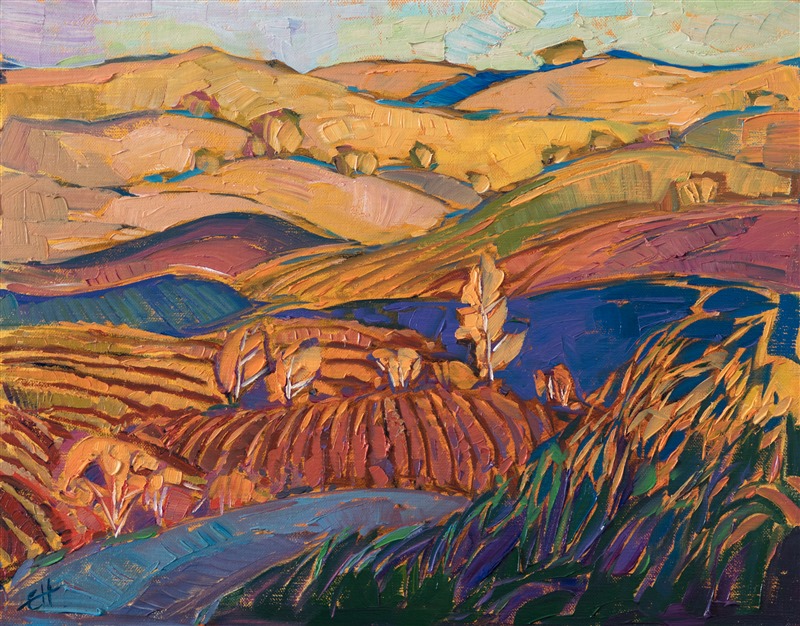 The gracefully curving hills of Paso Robles are captured here in warm hues of autumn, the cultivated fields resting during the winter months. The brush strokes are thick and impressionistic, creating a mosaic of color and texture across the canvas.

This painting was created on linen board, and it arrives ready to hang in a custom-made frame.

This painting was exhibited in <i><a href="https://www.erinhanson.com/event/ErinHansonAmericanVistas" target="_blank">Erin Hanson: American Vistas</i></a> at the Nancy Cawdrey Studios and Gallery in Whitefish, Montana, 2019.