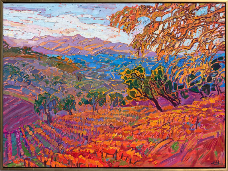 Golden hues of orange and red cover the rolling hills of Paso Robles in vibrant color. The vineyards create contoured texture over the hillsides. Each brush stroke is fresh and expressive, capturing the movement and transient light of the outdoors.</p><p>"Golden Light" was a demonstration painting Erin Hanson completed during her 10-year gallery anniversary at The Erin Hanson Gallery in McMinnville, Oregon. The piece arrives framed in a gold floater frame, ready to hang.</p><p><b>Please note:</b> This painting will be hanging in a museum exhibition until November 5th, 2023. This piece is included in the show <i><a href="https://www.erinhanson.com/Event/ErinHansonatBoneCreekMuseum">Erin Hanson: Color on the Vine</i></a> at the Bone Creek Museum of Agrarian Art in Nebraska. You may purchase the painting now, but you will not receive the painting until after the show ends in November 2023.