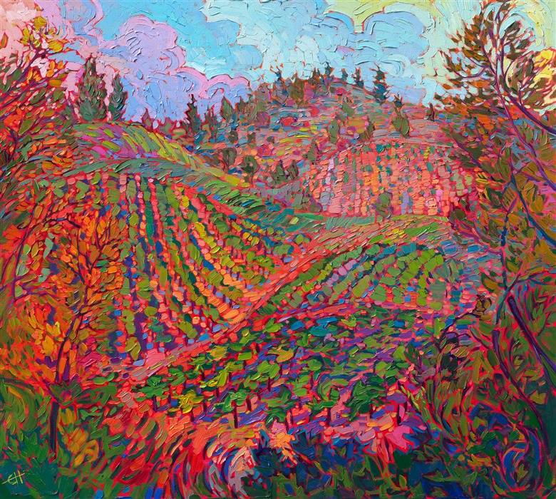 Golden hills covered in grape vines surround the narrow valley of the hidden-away wine country of Boonville, California. Travelers between Napa and Mendocino have probably driven through these hills, stopping to taste the local wines along the way. This impressionist painting captures all the beauty of California wine country in the late summer.</p><p>"Golden Vines" was created on 1-1/2" canvas. The oil painting arrives ready to hang in a contemporary gold floater frame finished in burnished 23kt gold leaf.