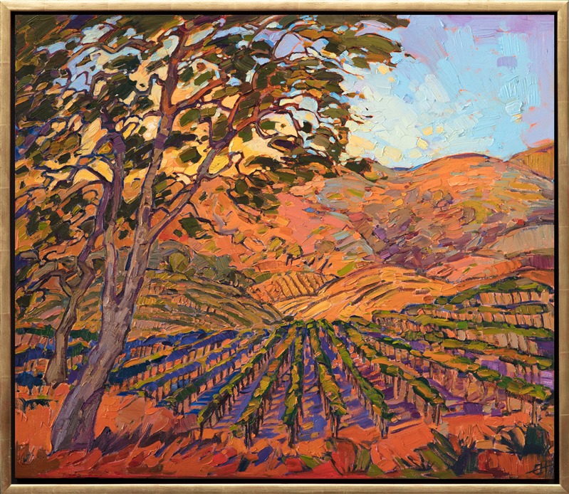An impressionistic dance of color, this painting captures the beauty of Napa Valley in the late summer, when the vineyards are dusky green and the hillsides are hues of gold and hazel. The brush strokes in this painting are loose and expressive, capturing the transient beauty of a passing sunrise.</p><p>This painting was created on 1-1/2" deep canvas, and it has been framed in a gold floater frame.