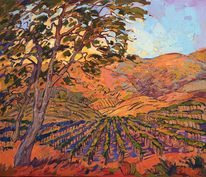 An impressionistic dance of color, this painting captures the beauty of Napa Valley in the late summer, when the vineyards are dusky green and the hillsides are hues of gold and hazel. The brush strokes in this painting are loose and expressive, capturing the transient beauty of a passing sunrise.</p><p>This painting was created on 1-1/2" deep canvas, and it has been framed in a gold floater frame.
