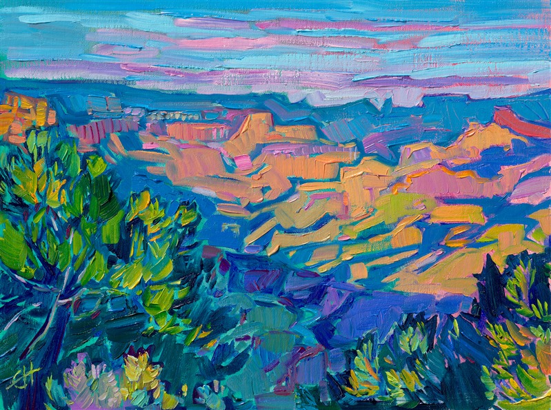 This petite painting of the Grand Canyon captures the majesty of the canyon at dawn. Rich hues of gold and umber contrast with royal blue and verdant green. Each brush stroke is placed side-by-side without overlapping, in Erin's iconic Open Impressionism style.