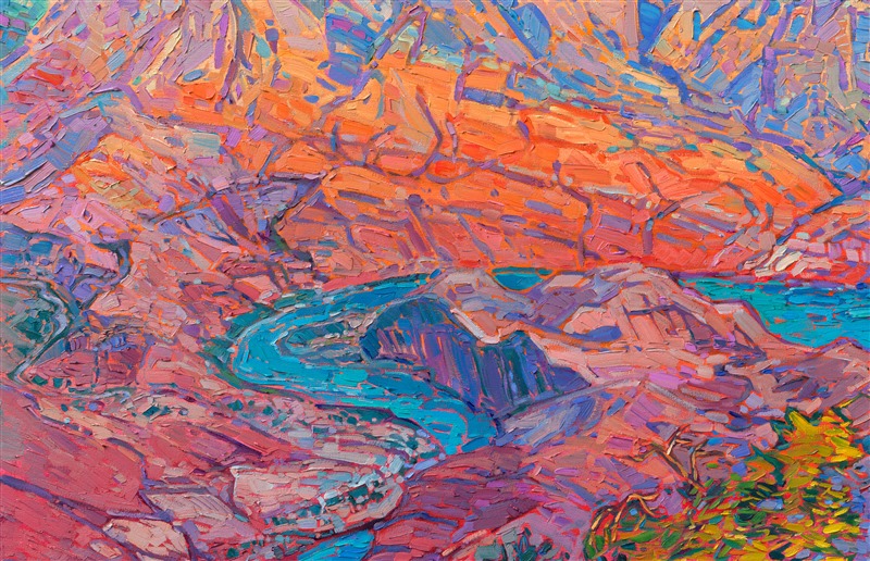 From the east side of Grand Canyon's south rim, you can see all the way down the canyon to the Colorado River.  The bright turquoise waters glint with light in this oil painting, reflecting the brightening sky at daybreak. The colors of dawn slowly fill the canyon, illuminating it with hues of magenta, apricot, and ochre. </p><p>"Grand Canyon Light" is an original oil painting by Erin Hanson, created on 1-1/2"-deep stretched canvas. The piece arrives in a hand-made, closed corner floater frame finished in burnished, 23kt gold leaf.