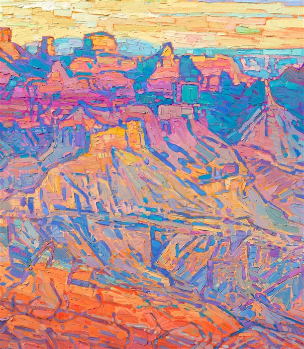 From the east side of Grand Canyon's south rim, you can see all the way down the canyon to the Colorado River.  The bright turquoise waters glint with light in this oil painting, reflecting the brightening sky at daybreak. The colors of dawn slowly fill the canyon, illuminating it with hues of magenta, apricot, and ochre. </p><p>"Grand Canyon Light" is an original oil painting by Erin Hanson, created on 1-1/2"-deep stretched canvas. The piece arrives in a hand-made, closed corner floater frame finished in burnished, 23kt gold leaf.