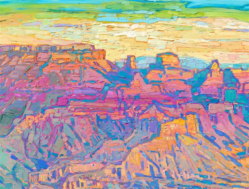 From the east side of Grand Canyon's south rim, you can see all the way down the canyon to the Colorado River.  The bright turquoise waters glint with light in this oil painting, reflecting the brightening sky at daybreak. The colors of dawn slowly fill the canyon, illuminating it with hues of magenta, apricot, and ochre. </p><p>"Grand Canyon Light" is an original oil painting by Erin Hanson, created on 1-1/2"-deep stretched canvas. The piece arrives in a hand-made, closed corner floater frame finished in burnished, 23kt gold leaf.