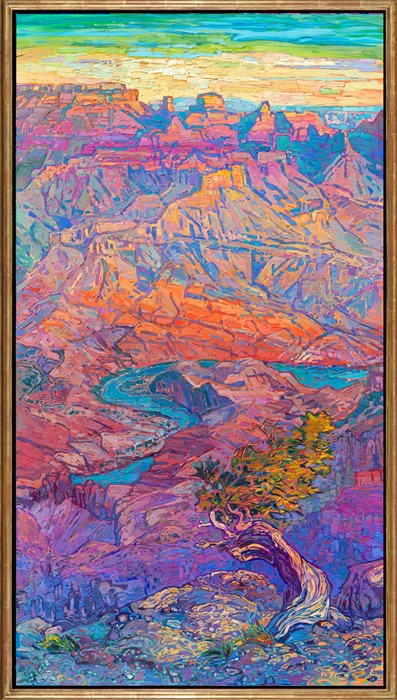 From the east side of Grand Canyon's south rim, you can see all the way down the canyon to the Colorado River.  The bright turquoise waters glint with light in this oil painting, reflecting the brightening sky at daybreak. The colors of dawn slowly fill the canyon, illuminating it with hues of magenta, apricot, and ochre. </p><p>"Grand Canyon Light" is an original oil painting by Erin Hanson, created on 1-1/2"-deep stretched canvas. The piece arrives in a hand-made, closed corner floater frame finished in burnished, 23kt gold leaf.