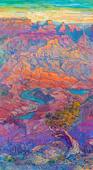 From the east side of Grand Canyon's south rim, you can see all the way down the canyon to the Colorado River.  The bright turquoise waters glint with light in this oil painting, reflecting the brightening sky at daybreak. The colors of dawn slowly fill the canyon, illuminating it with hues of magenta, apricot, and ochre. </p><p>"Grand Canyon Light" is an original oil painting by Erin Hanson, created on 1-1/2"-deep stretched canvas. The piece arrives in a hand-made, closed corner floater frame finished in burnished, 23kt gold leaf.