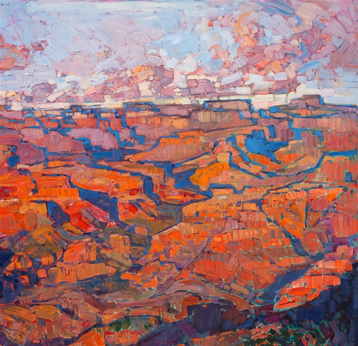 This painting of the Grand Canyon was inspired by the first time I ever saw the Grand Canyon in person, a few years ago.  Since then I have revisted the canyon at different times of the day, and this October I will be backpacking down into the canyon to explore it from a different viewpoint.  The vibrant colors and repeating patterns of the landscape are surprising and awe-inspiring when seen in person, and I wanted to capture some of that wide expanse of drama in this large oil painting.</p><p>This painting was created on 1-1/2"-deep wrapped canvas, with the painting continued around the edges of the canvas.  This work has been framed in a gold floater frame.  The angular lines of the frame beautifully complement the canyon pattern in the painting. </p><p>Exhibited <a href="https://www.erinhanson.com/Event/ErinHansonTheOrangeShow"><i>The Orange Show</i></a>, The Erin Hanson Gallery, Los Angeles, CA. 2016.</p><p>Available from <a href="http://www.medicinemangallery.com/collection/Contemporary/c/Hanson,-Erin">The Medicine Man Gallery</a>, in Tuscon, Arizona.