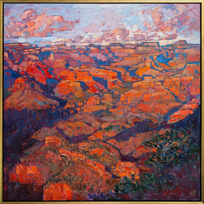 This painting of the Grand Canyon was inspired by the first time I ever saw the Grand Canyon in person, a few years ago.  Since then I have revisted the canyon at different times of the day, and this October I will be backpacking down into the canyon to explore it from a different viewpoint.  The vibrant colors and repeating patterns of the landscape are surprising and awe-inspiring when seen in person, and I wanted to capture some of that wide expanse of drama in this large oil painting.</p><p>This painting was created on 1-1/2"-deep wrapped canvas, with the painting continued around the edges of the canvas.  This work has been framed in a gold floater frame.  The angular lines of the frame beautifully complement the canyon pattern in the painting. </p><p>Exhibited <a href="https://www.erinhanson.com/Event/ErinHansonTheOrangeShow"><i>The Orange Show</i></a>, The Erin Hanson Gallery, Los Angeles, CA. 2016.</p><p>Available from <a href="http://www.medicinemangallery.com/collection/Contemporary/c/Hanson,-Erin">The Medicine Man Gallery</a>, in Tuscon, Arizona.