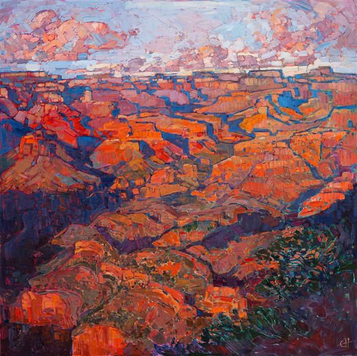 This painting of the Grand Canyon was inspired by the first time I ever saw the Grand Canyon in person, a few years ago.  Since then I have revisted the canyon at different times of the day, and this October I will be backpacking down into the canyon to explore it from a different viewpoint.  The vibrant colors and repeating patterns of the landscape are surprising and awe-inspiring when seen in person, and I wanted to capture some of that wide expanse of drama in this large oil painting.</p><p>This painting was created on 1-1/2"-deep wrapped canvas, with the painting continued around the edges of the canvas.  This work has been framed in a gold floater frame.  The angular lines of the frame beautifully complement the canyon pattern in the painting. </p><p>Exhibited <a href="https://www.erinhanson.com/Event/ErinHansonTheOrangeShow"><i>The Orange Show</i></a>, The Erin Hanson Gallery, Los Angeles, CA. 2016.</p><p>Available from <a href="http://www.medicinemangallery.com/collection/Contemporary/c/Hanson,-Erin">The Medicine Man Gallery</a>, in Tuscon, Arizona.